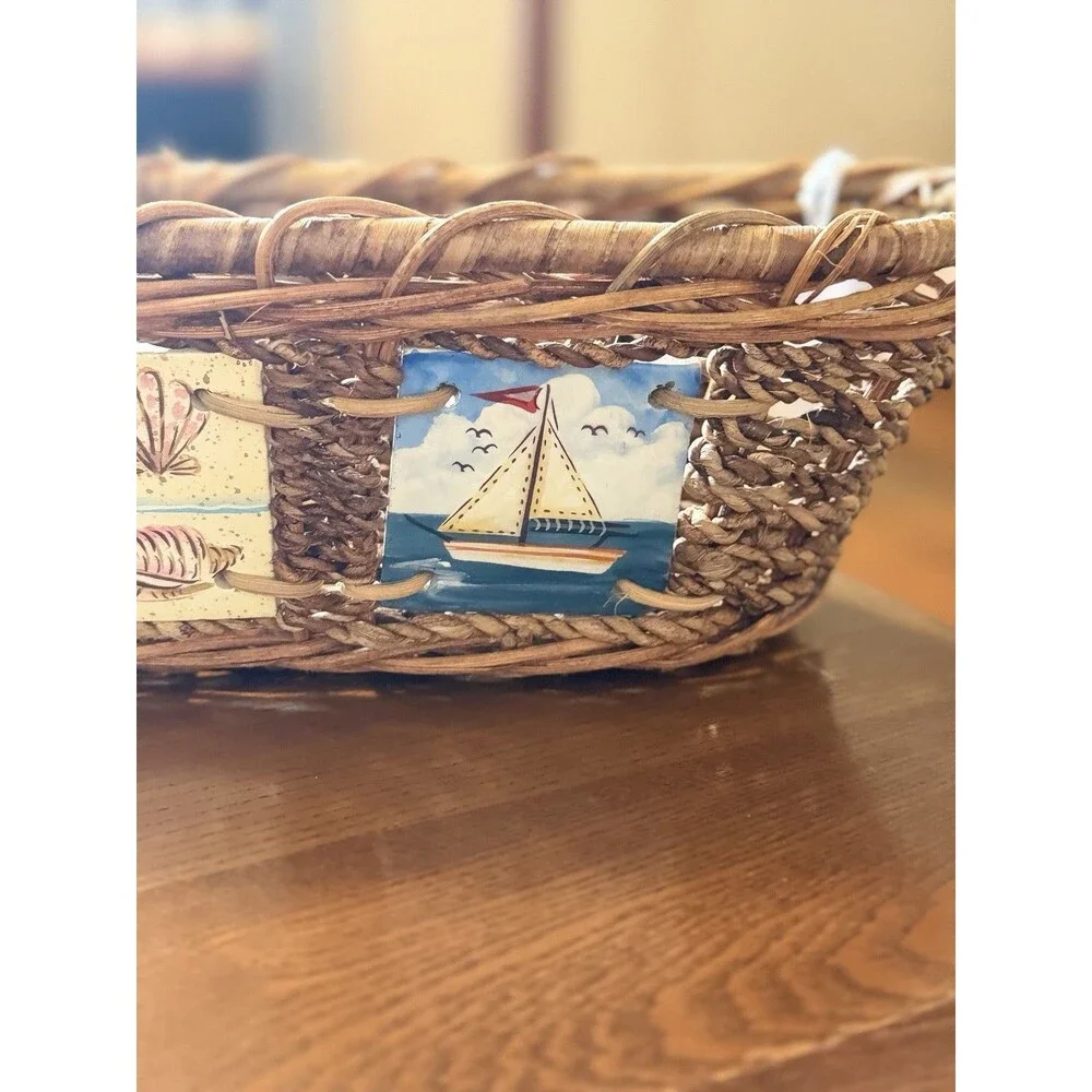 Wicker Oval Decorative Basket Nautical Tile Accents Brown Multicolor 16